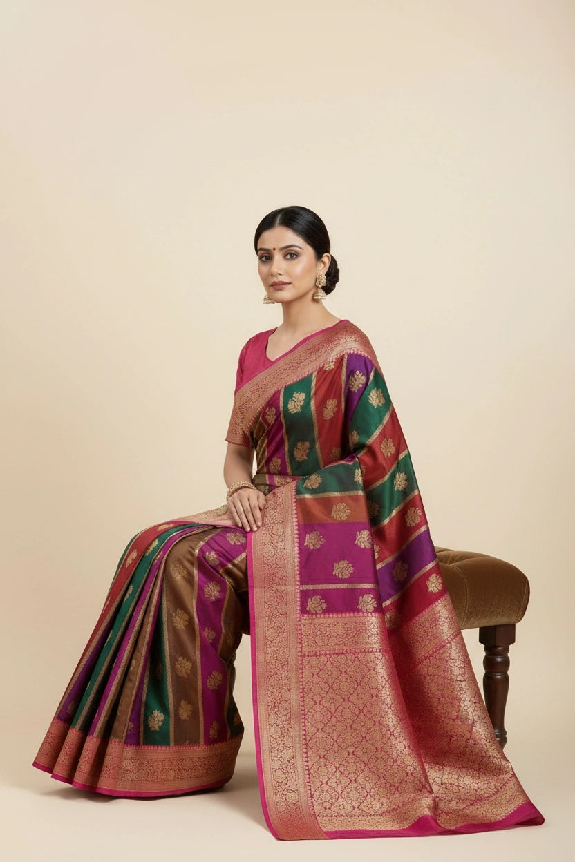 White/Red Satin Silk Bridal Banarasi Saree for Tilak Ceremony