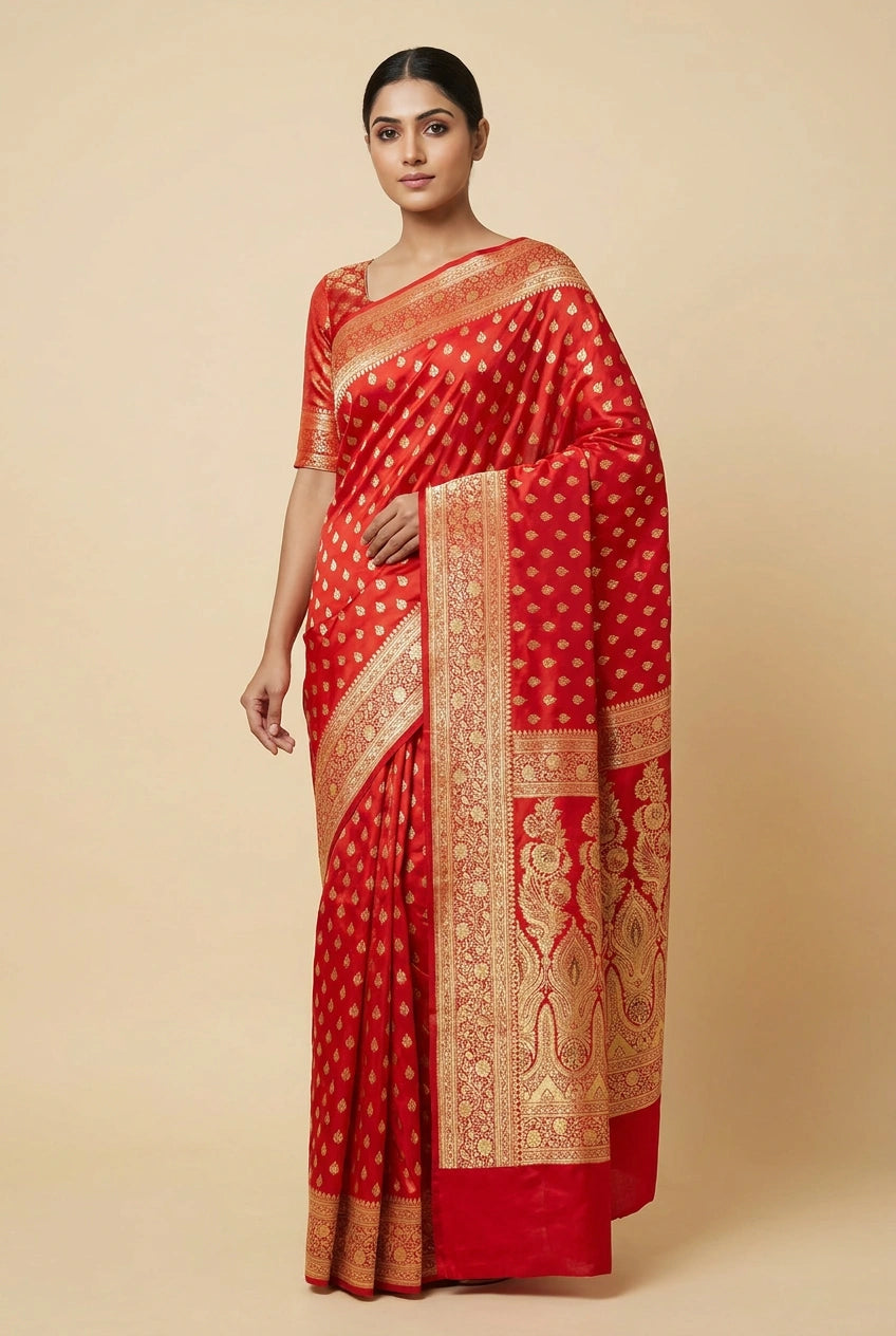 Maroon Satin Silk Bridal Banarasi Saree for Roka Function