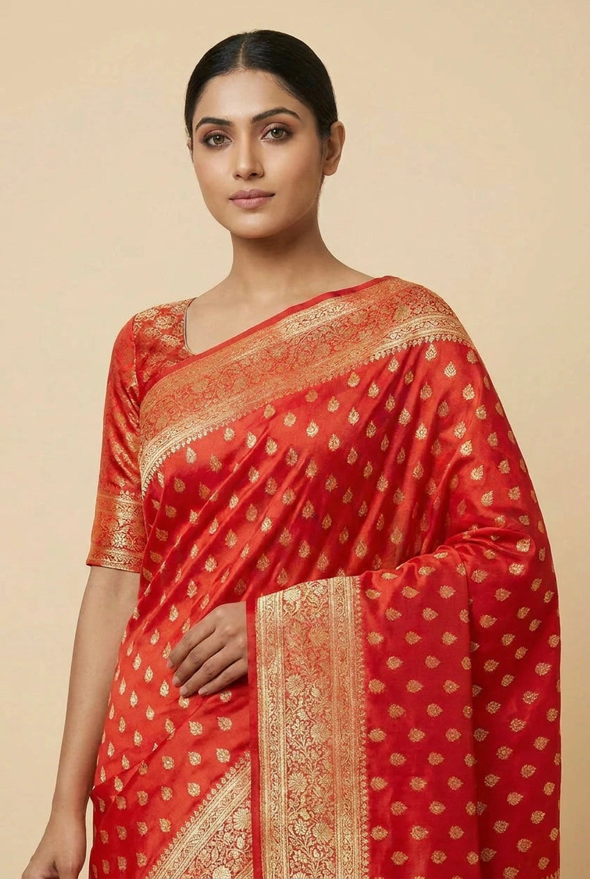 Maroon Satin Silk Bridal Banarasi Saree for Roka Function