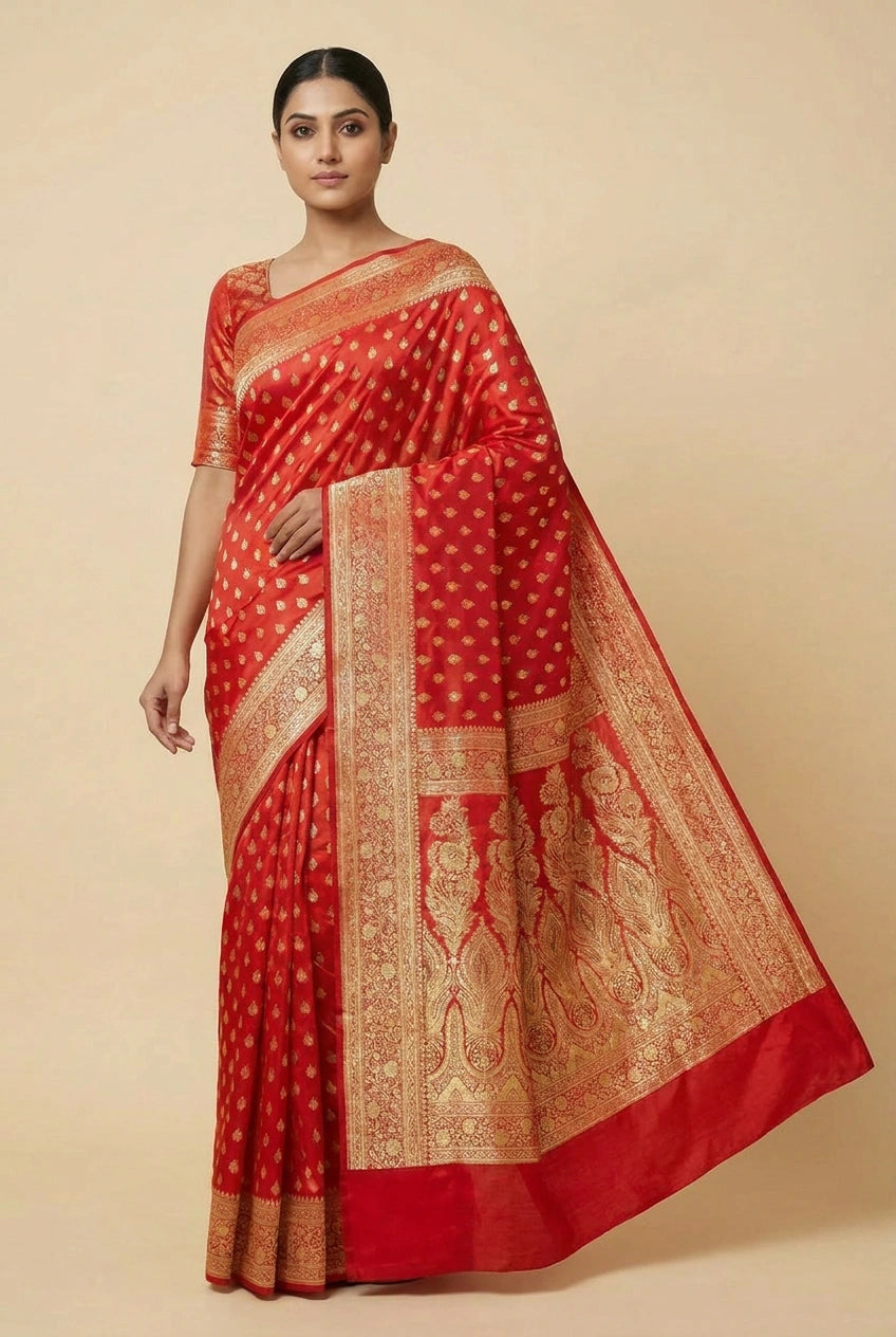 Maroon Satin Silk Bridal Banarasi Saree for Roka Function