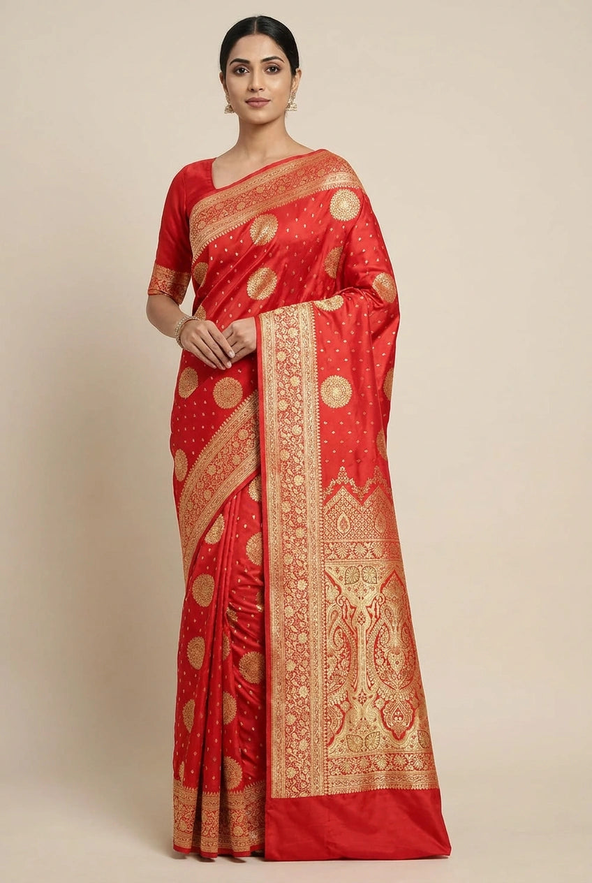 Red Satin Silk Bridal Banarasi Saree for Festive Wedding