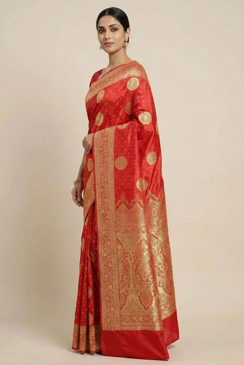 Red Satin Silk Bridal Banarasi Saree for Festive Wedding