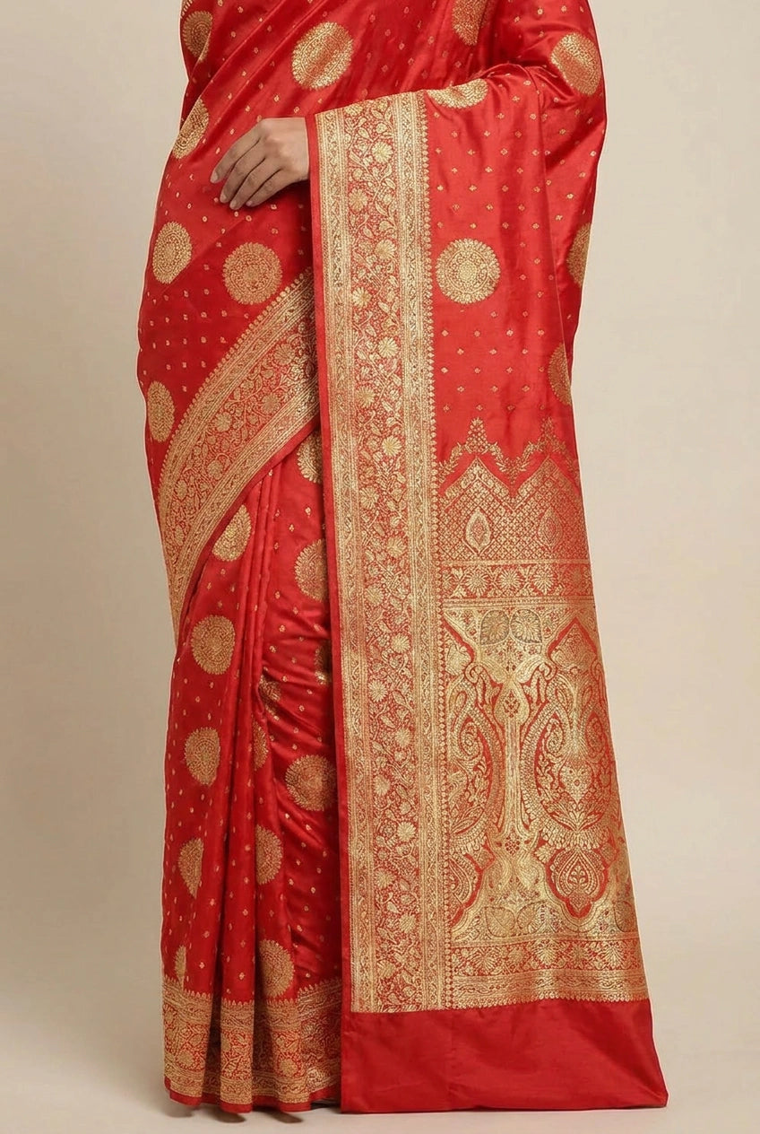 Red Satin Silk Bridal Banarasi Saree for Festive Wedding