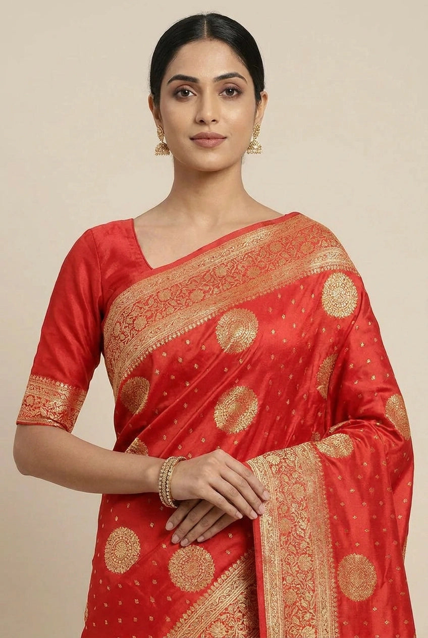 Red Satin Silk Bridal Banarasi Saree for Festive Wedding