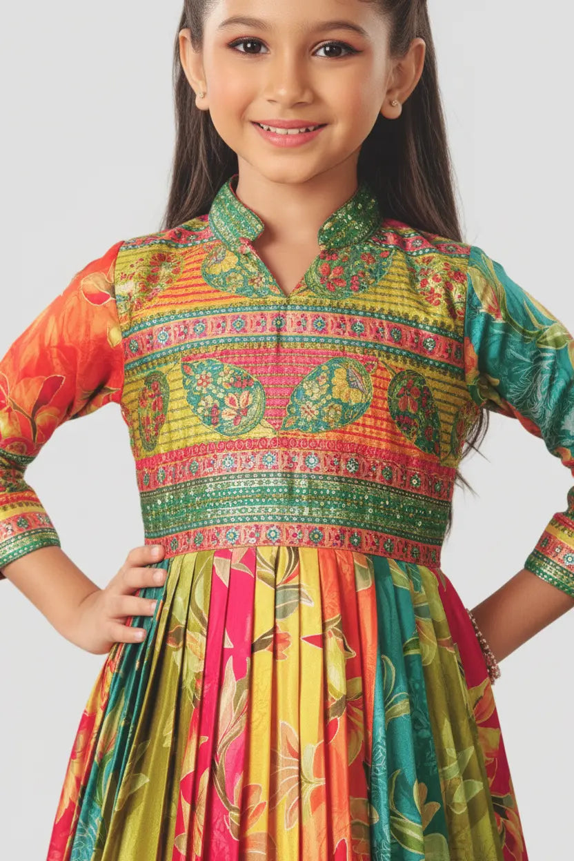 Young girl wearing a colorful traditional outfit with a patterned design.