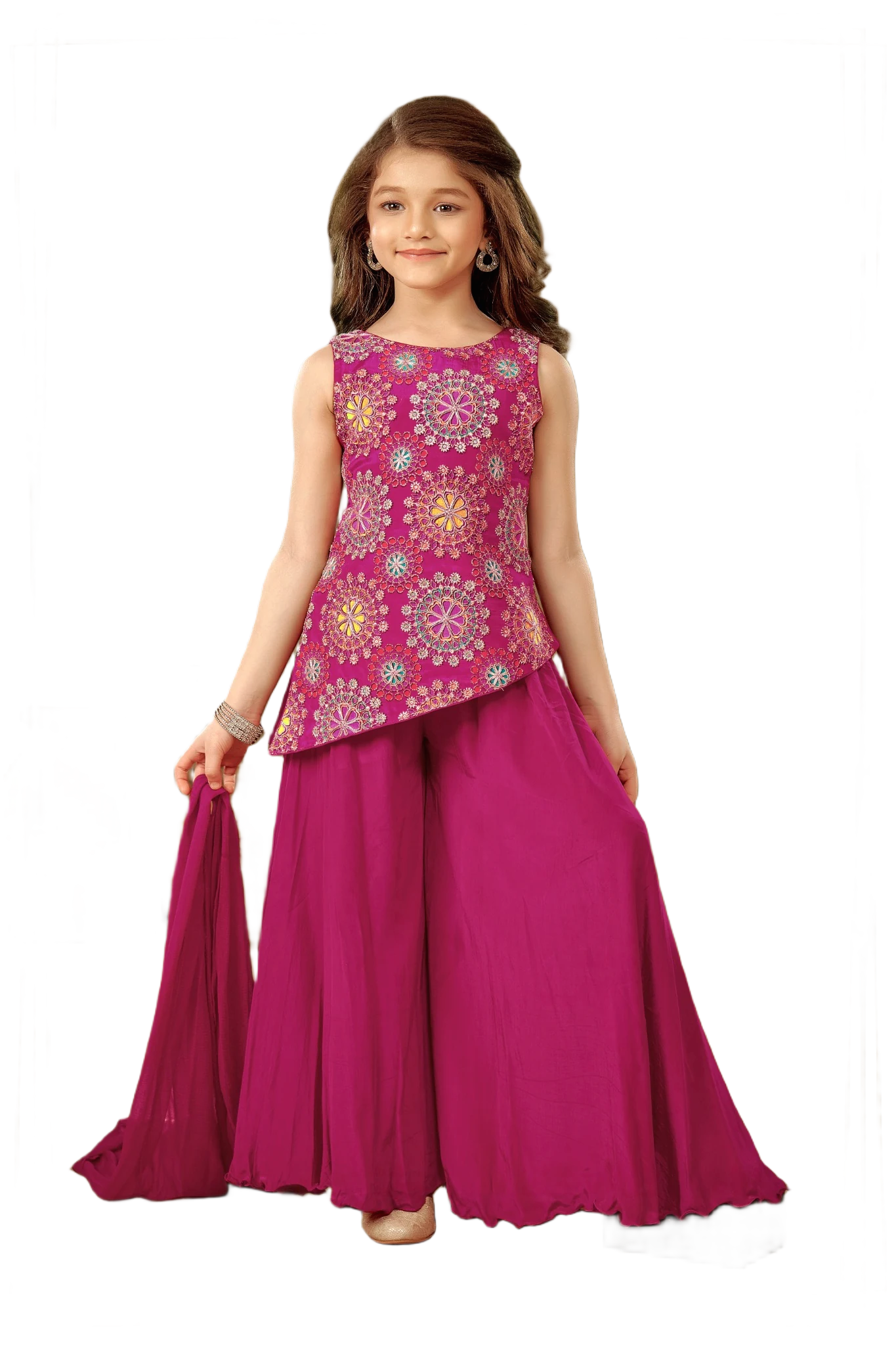 Young girl wearing a pink traditional outfit with a white background