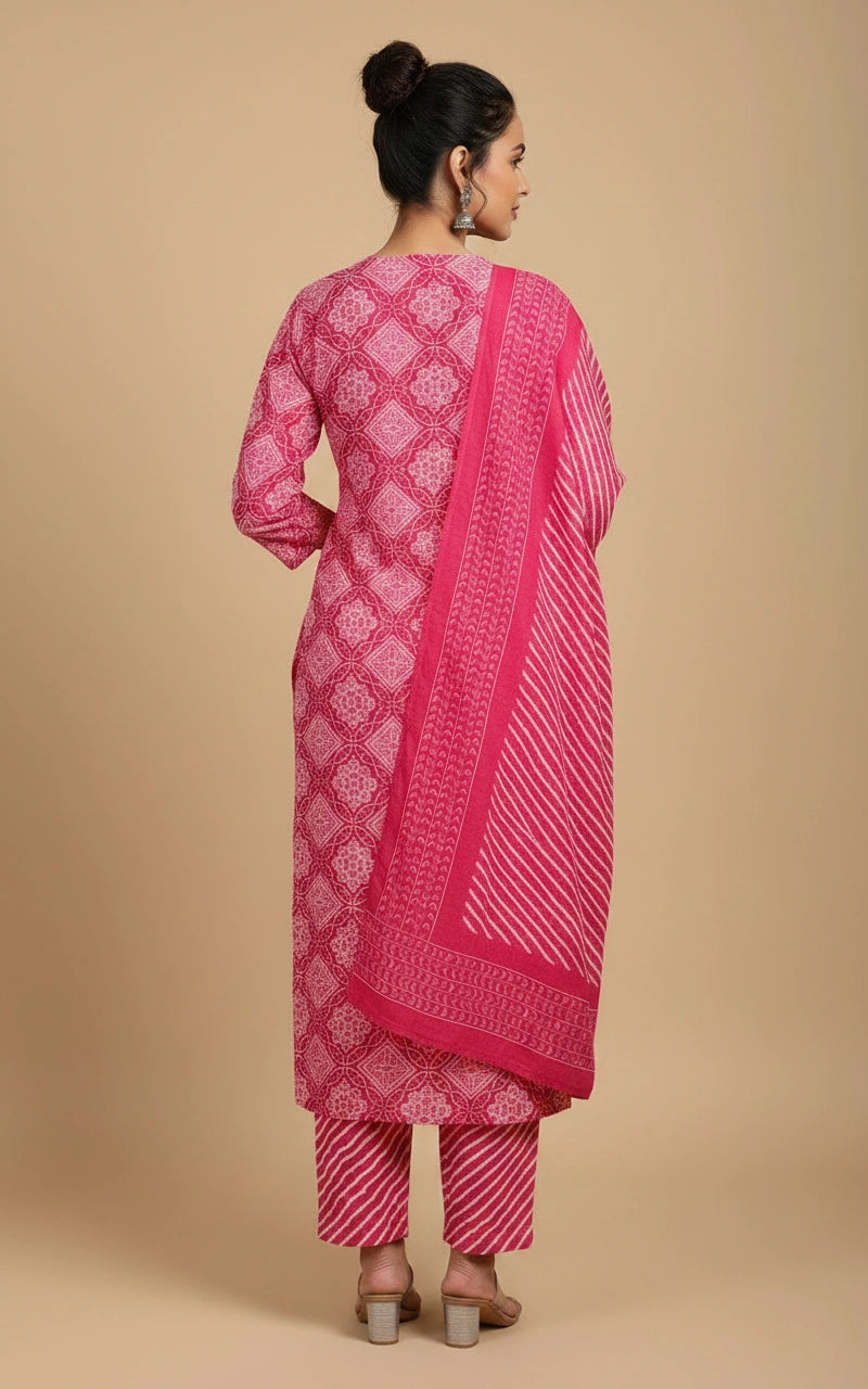 Cotton Salwar Suit with Contrast Printed Dupatta for Women view 4