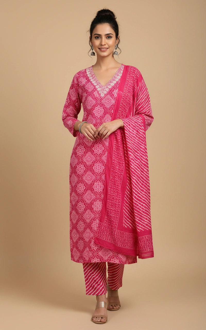 Rani Cotton Salwar Suit with Contrast Printed Dupatta for Women