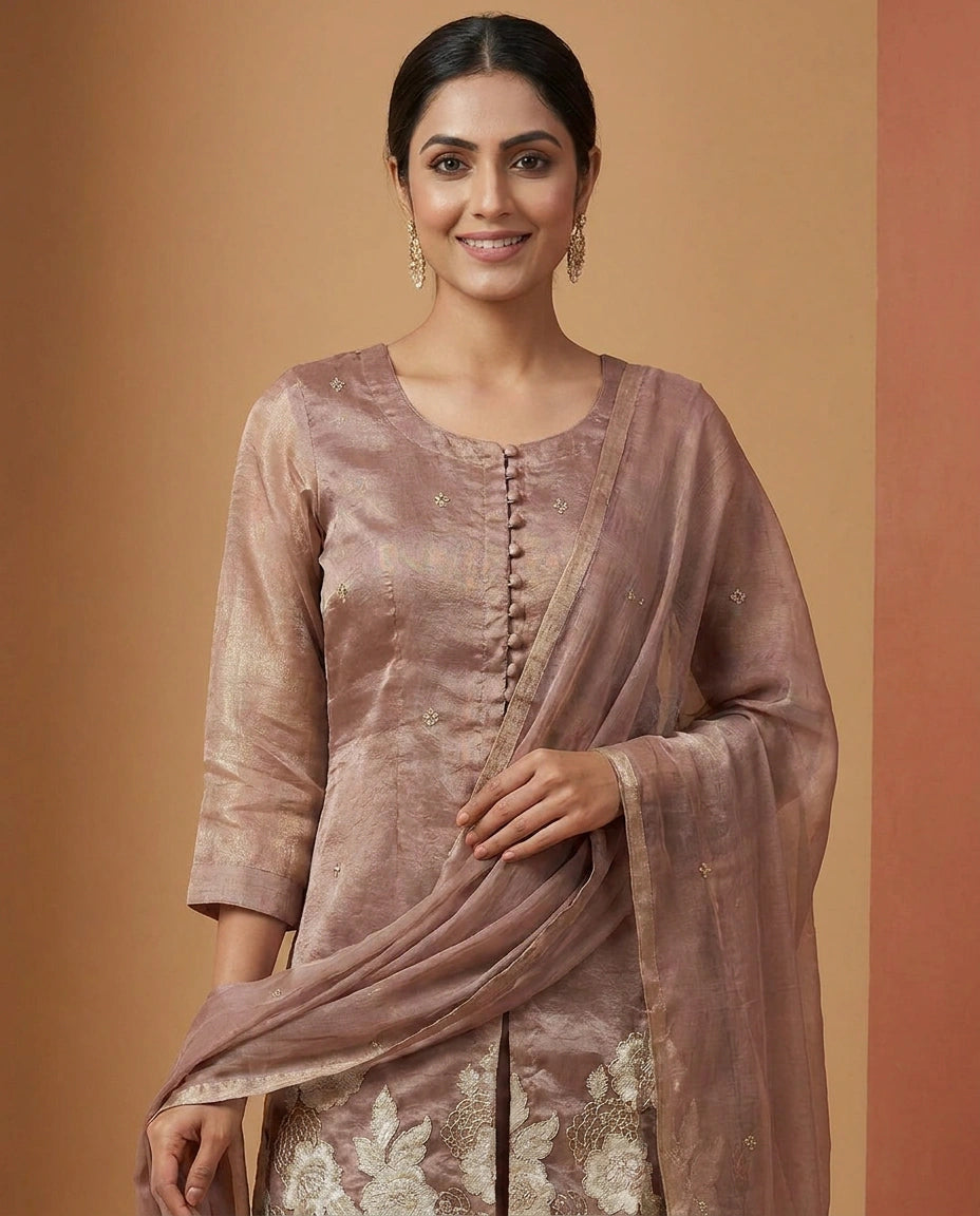 Pink Jacket Choli Palazzo Set in Tissue - Rangoli India