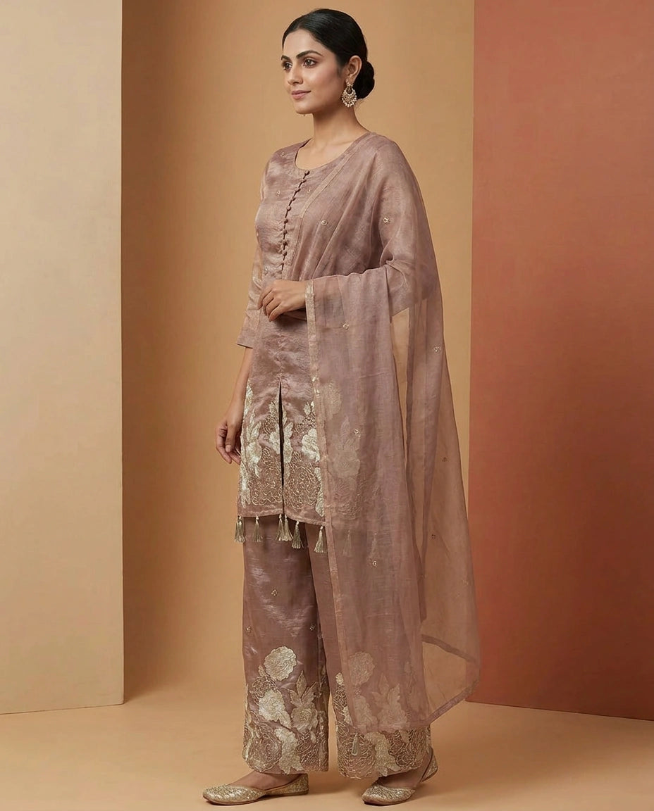 Pink Jacket Choli Palazzo Set in Tissue - Rangoli India