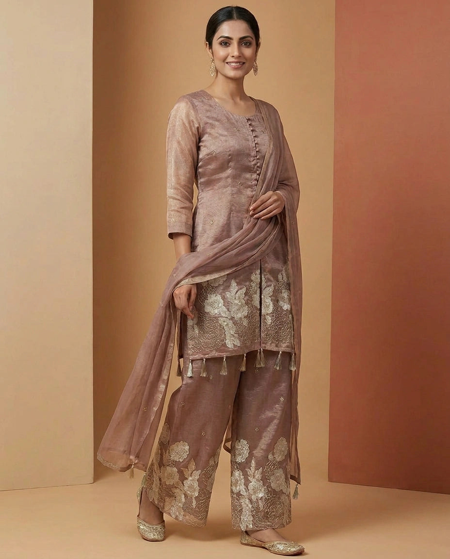 Pink Jacket Choli Palazzo Set in Tissue - Rangoli India