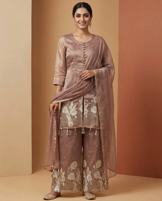 Pink Jacket Choli Palazzo Set in Tissue - Rangoli India