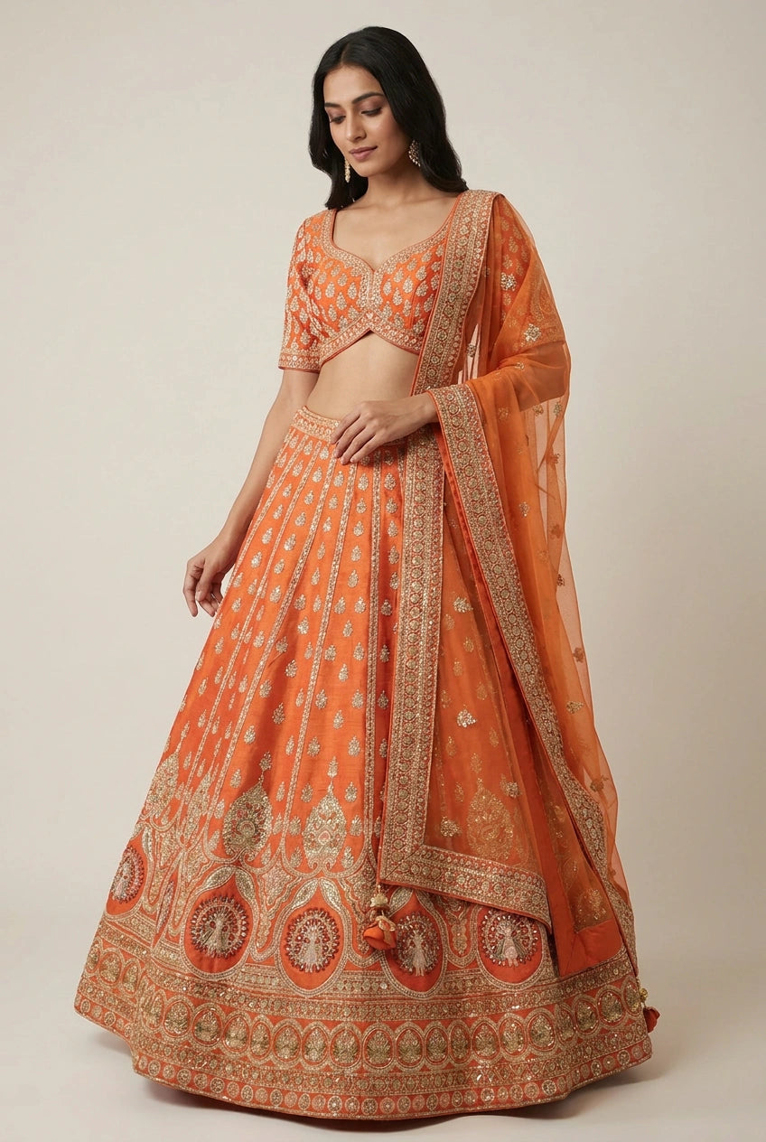 Orange Raw Silk Lehenga Set with Cutdana Border for Bridal Wear