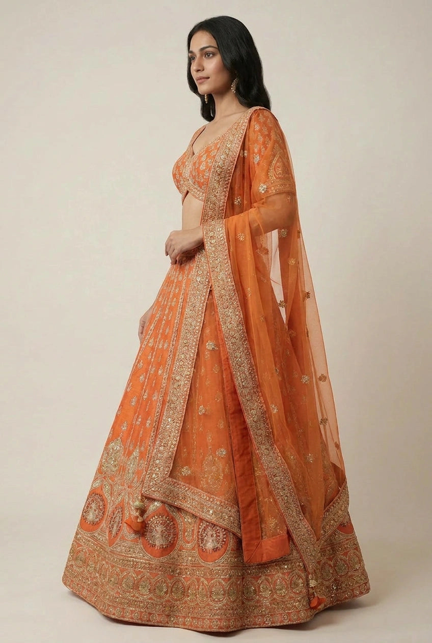 Orange Raw Silk Lehenga Set with Cutdana Border for Bridal Wear