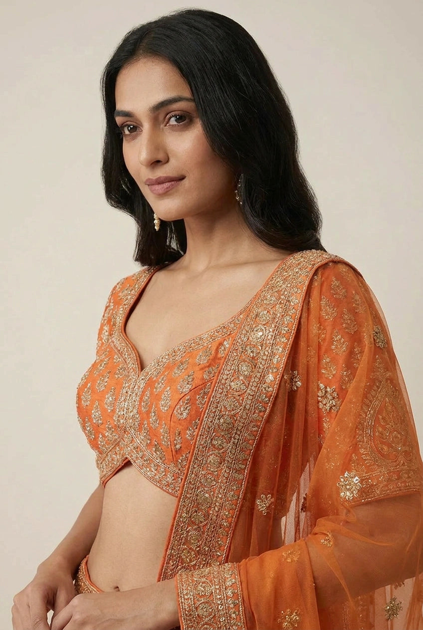 Orange Raw Silk Lehenga Set with Cutdana Border for Bridal Wear