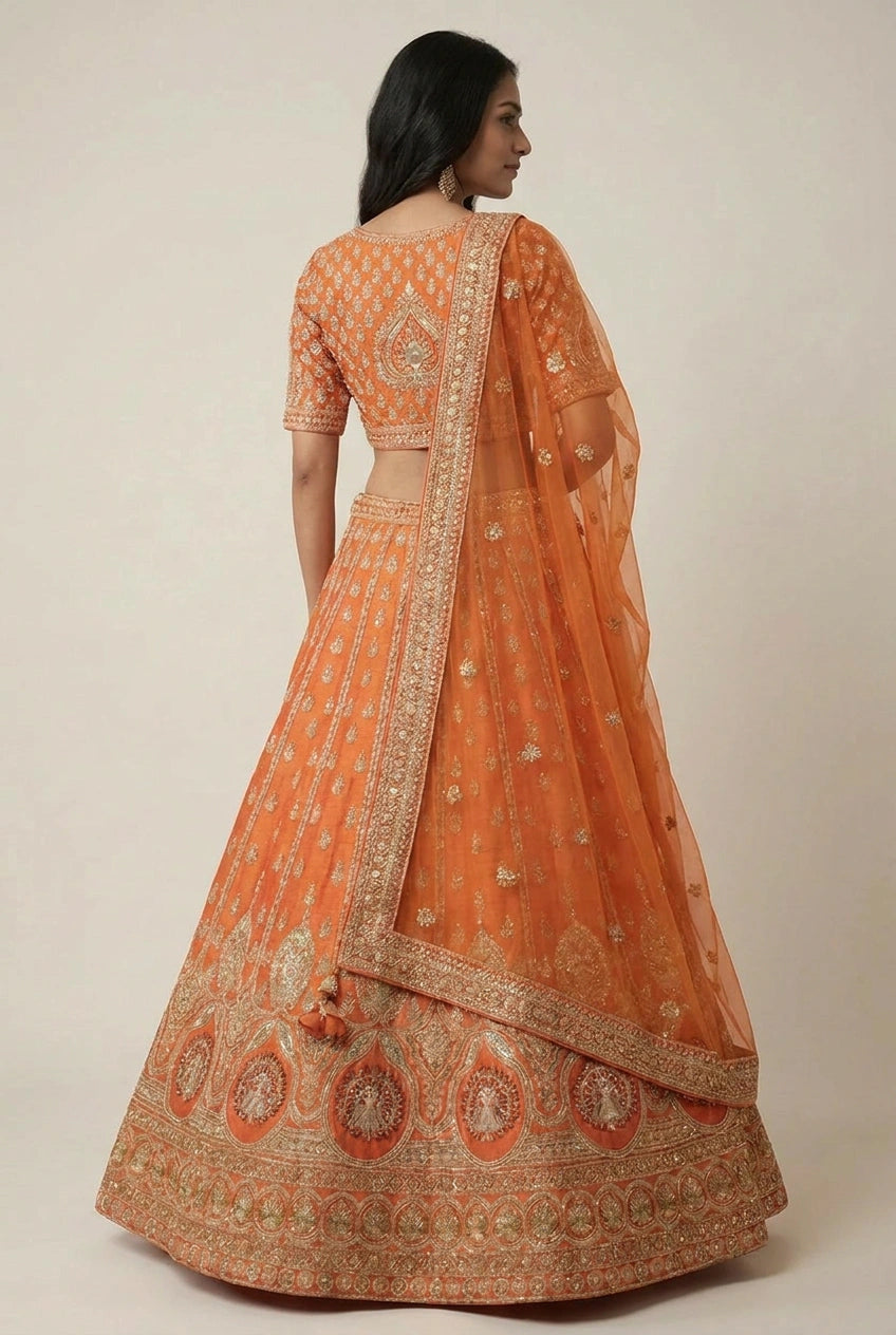 Orange Raw Silk Lehenga Set with Cutdana Border for Bridal Wear