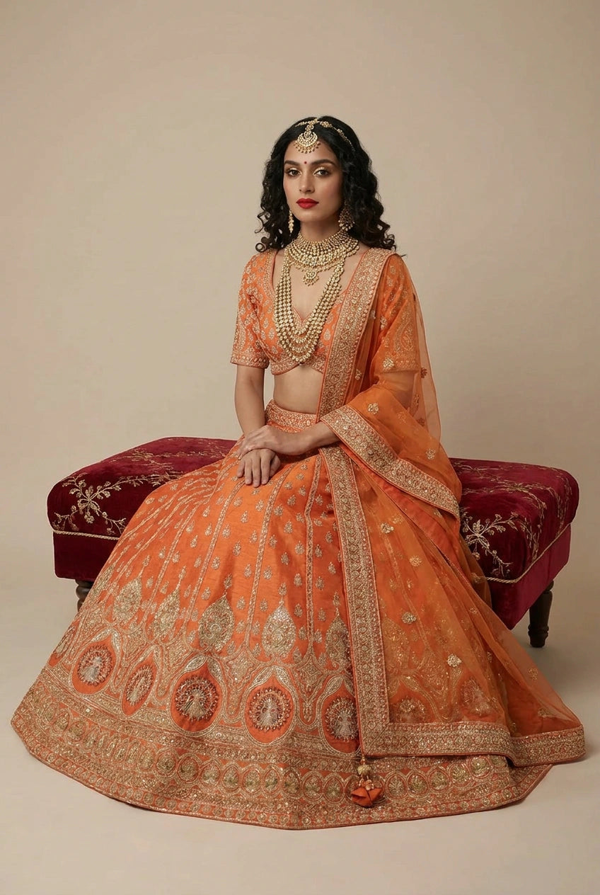 Orange Raw Silk Lehenga Set with Cutdana Border for Bridal Wear