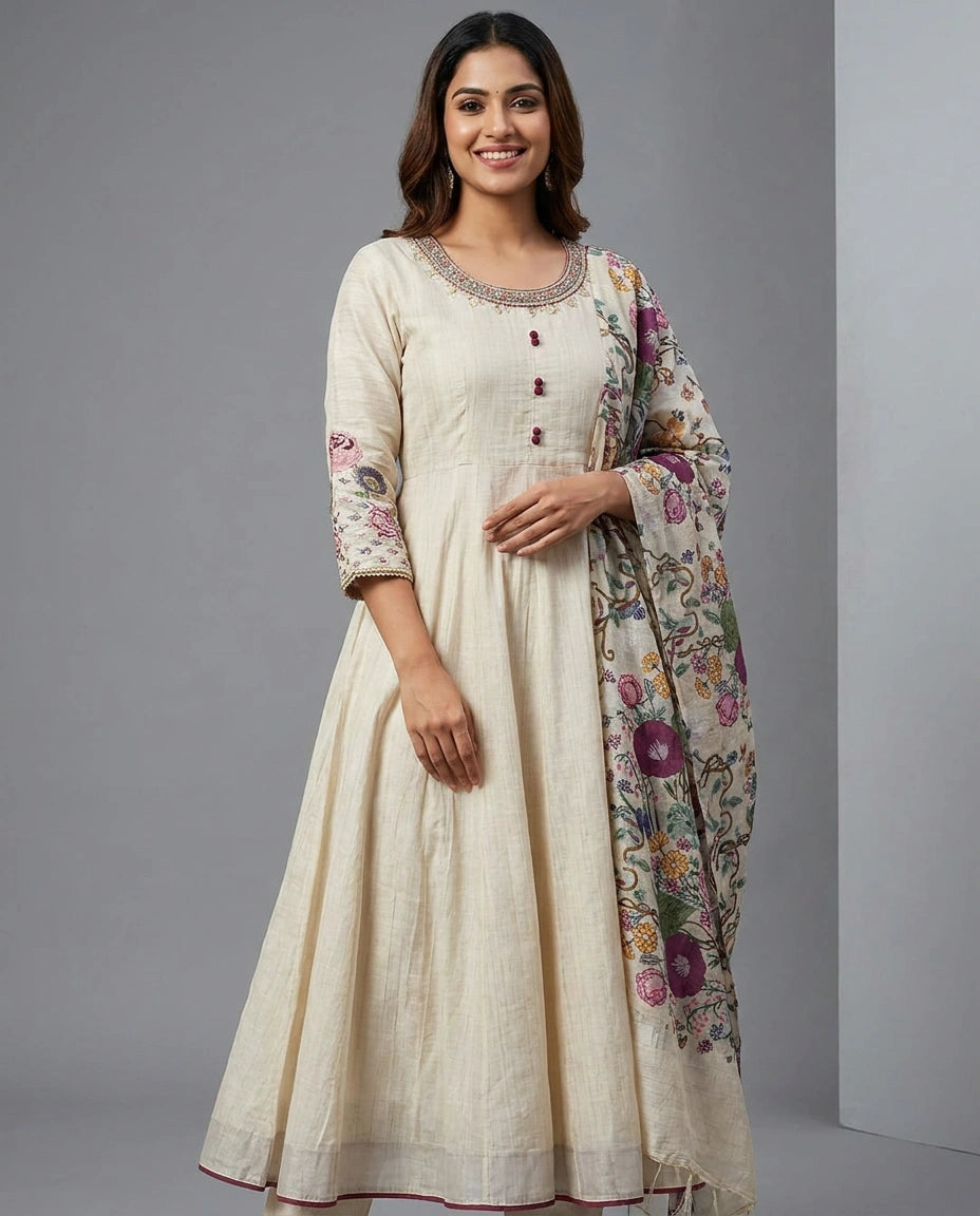Off White Anarkali Suit in Cotton - Rangoli India