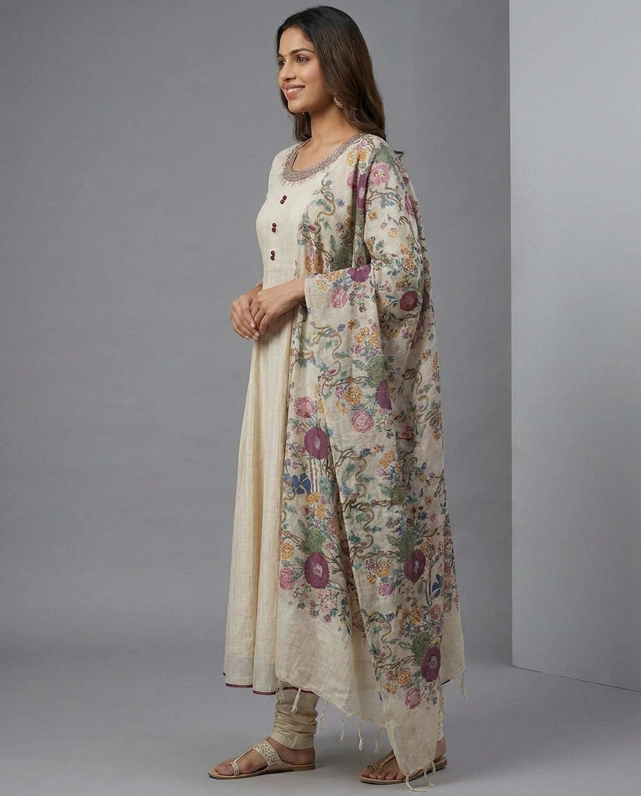 Off White Anarkali Suit in Cotton - Rangoli India