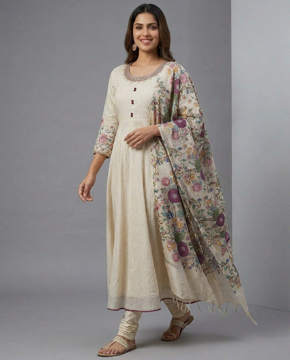Off White Anarkali Suit in Cotton - Rangoli India