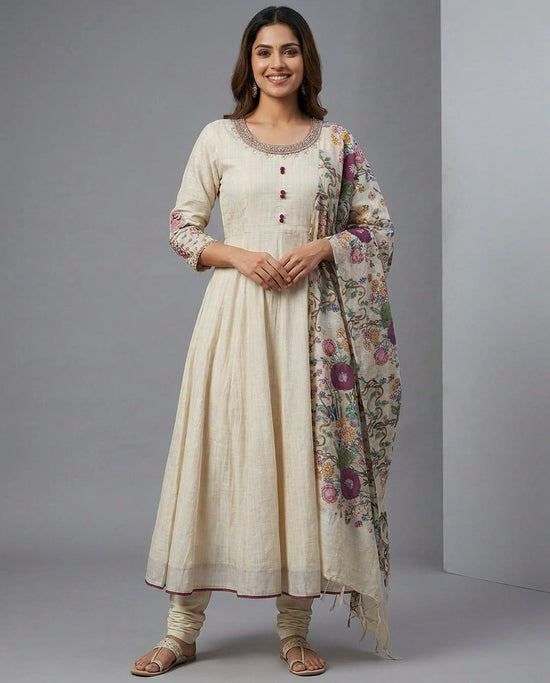 Off White Anarkali Suit in Cotton - Rangoli India