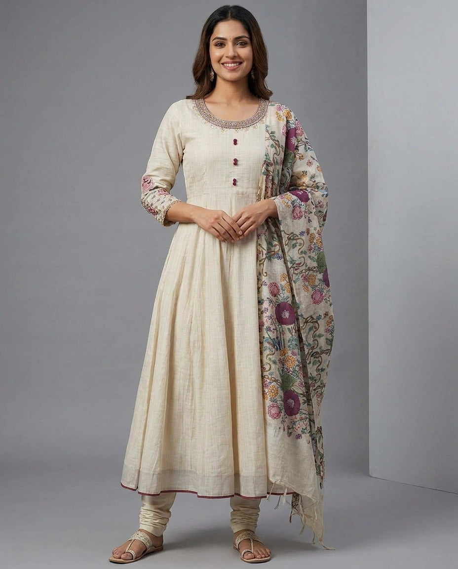 Off White Anarkali Suit in Cotton - Rangoli India