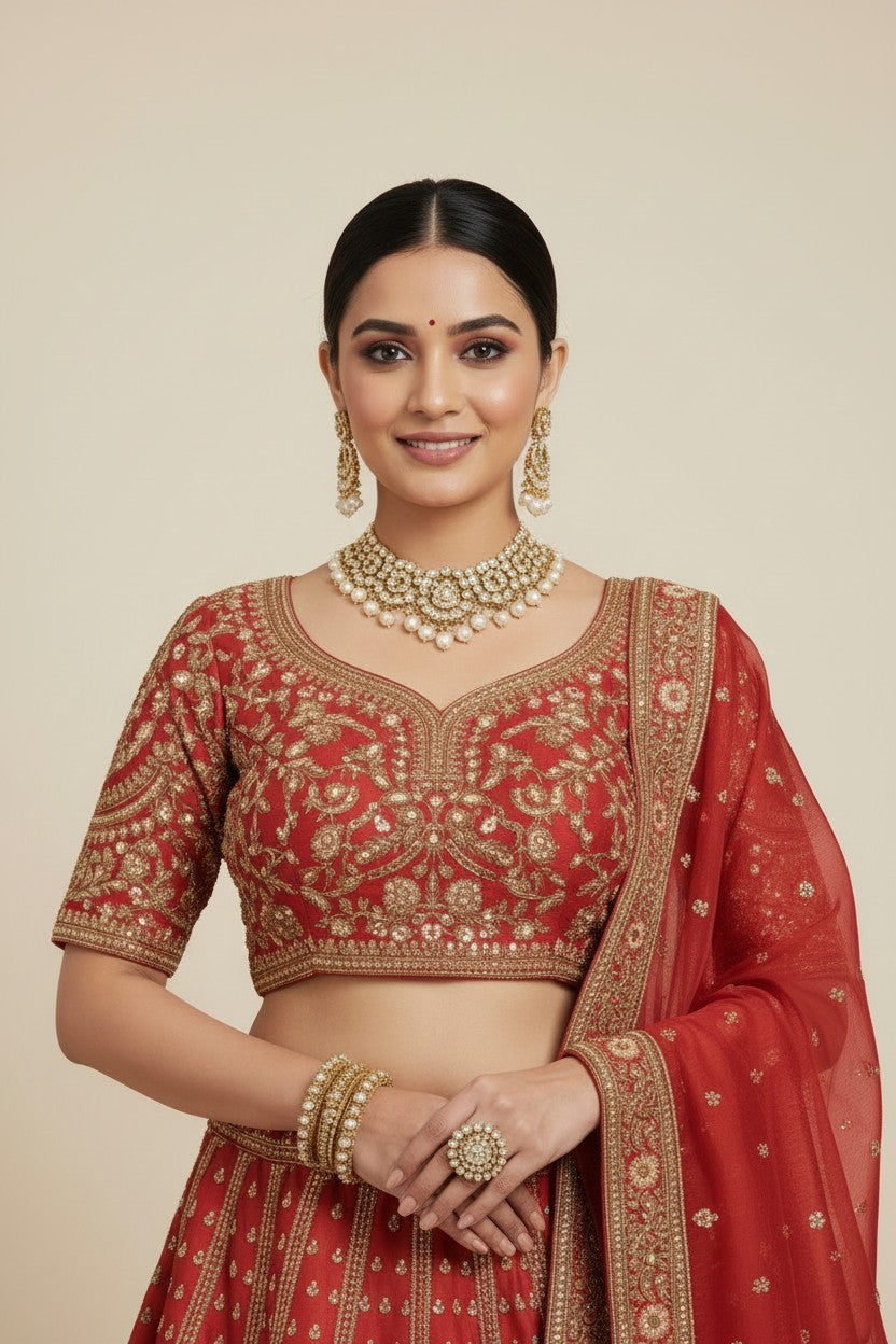 Bridal Raw Silk Lehenga Choli Set - View 4 | Rangoli