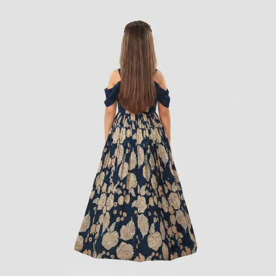 Blue Girls Floral Kids Gown with Designer Shoulder - Rangoli India