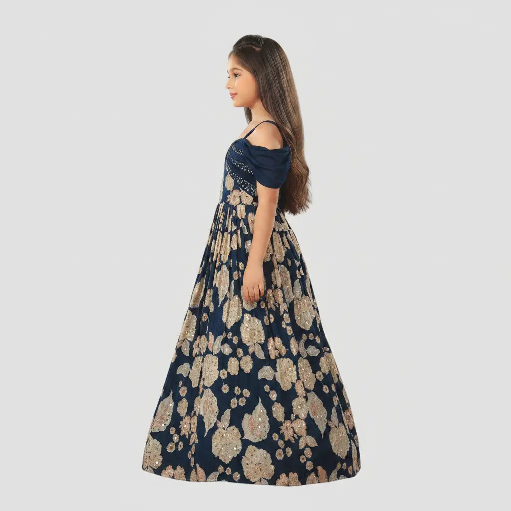 Woman wearing a floral dress with a plain background