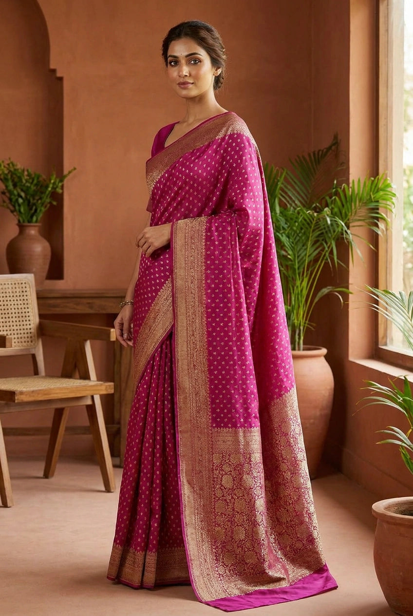 Woman wearing a pink saree with a patterned border in an indoor setting.