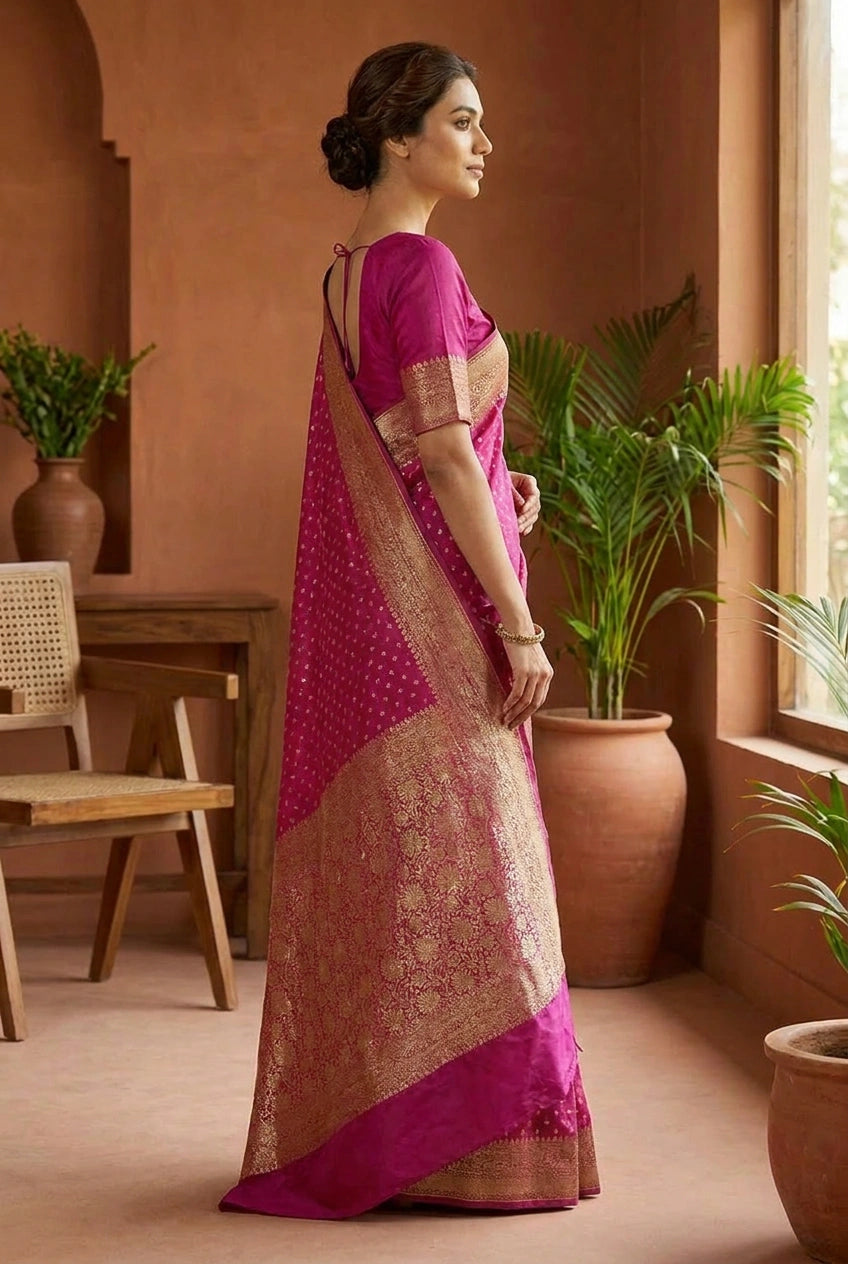 Woman in a pink saree standing in a room with plants and wooden furniture.