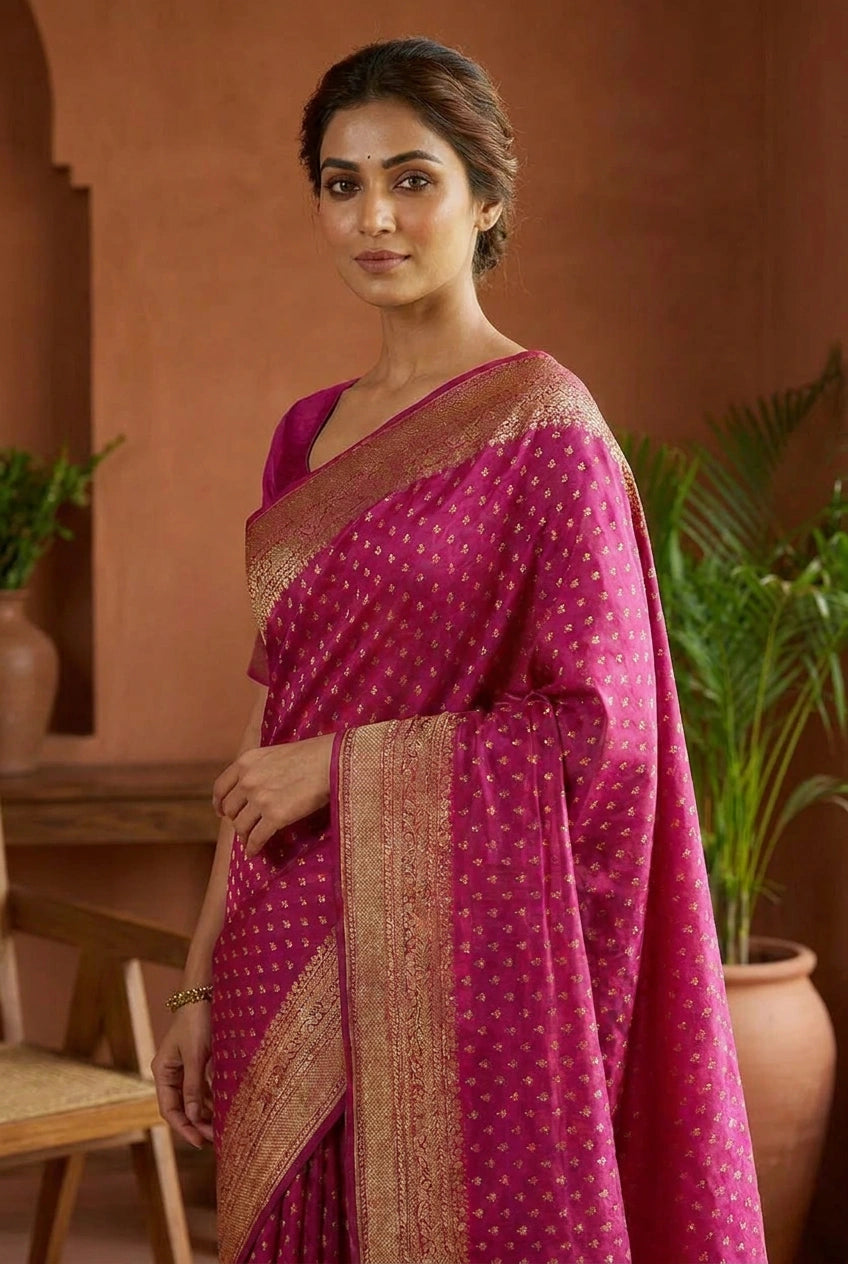 Woman wearing a pink saree with a gold border indoors.