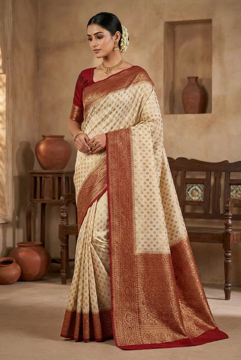 Woman wearing a traditional saree in a rustic setting