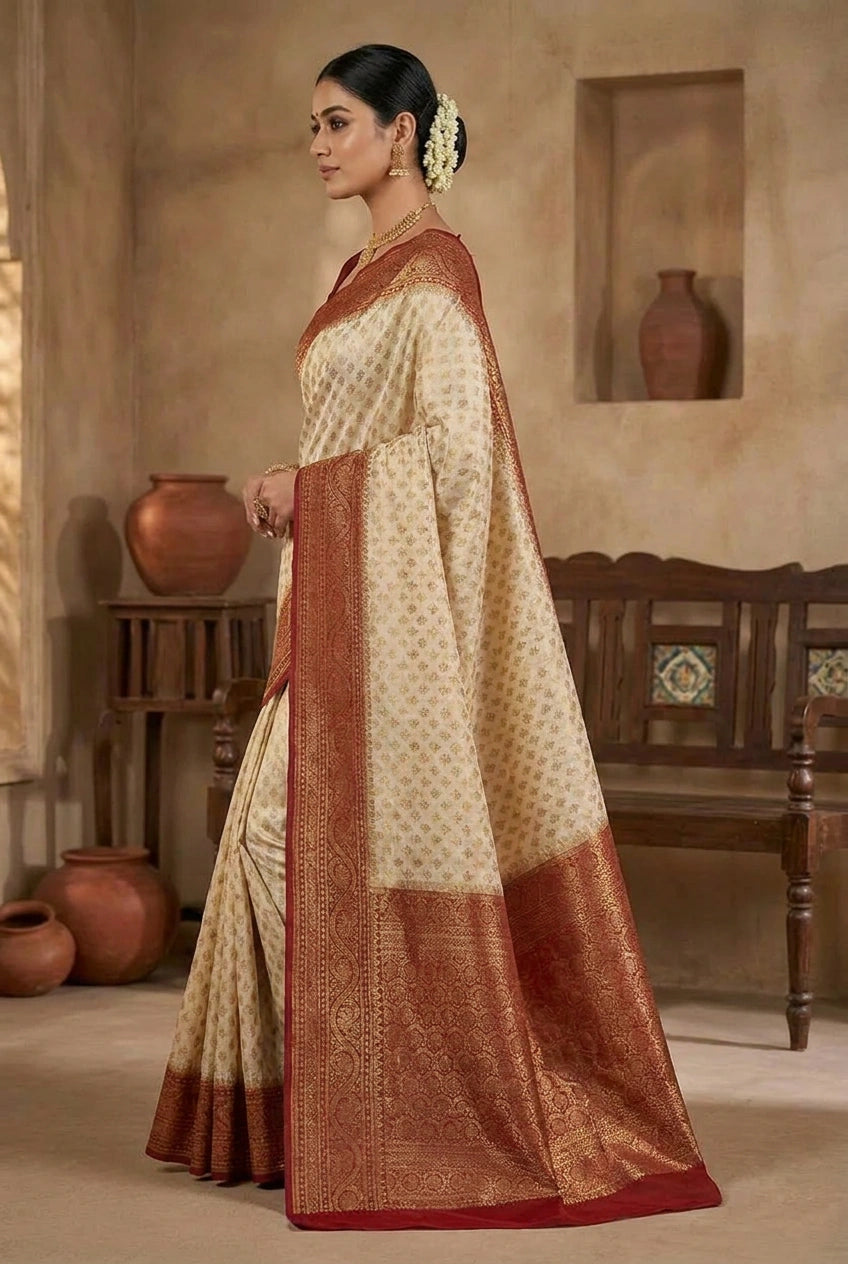 Woman wearing a traditional saree in a rustic setting with clay pots and wooden furniture.