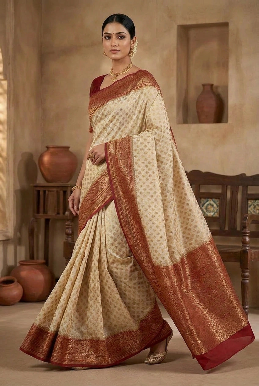 Woman wearing a traditional saree with a neutral background
