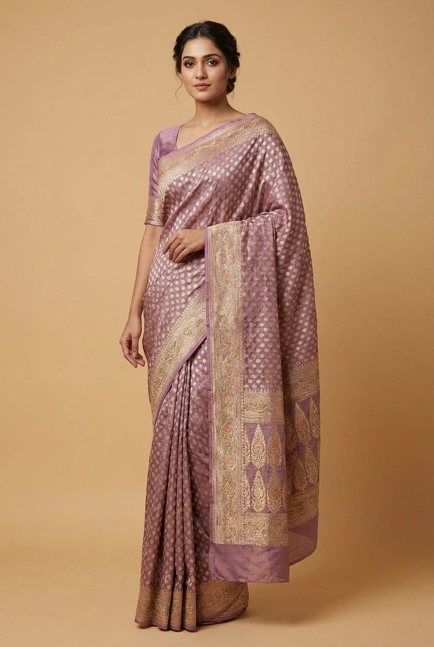 Woman wearing a traditional saree with a beige background