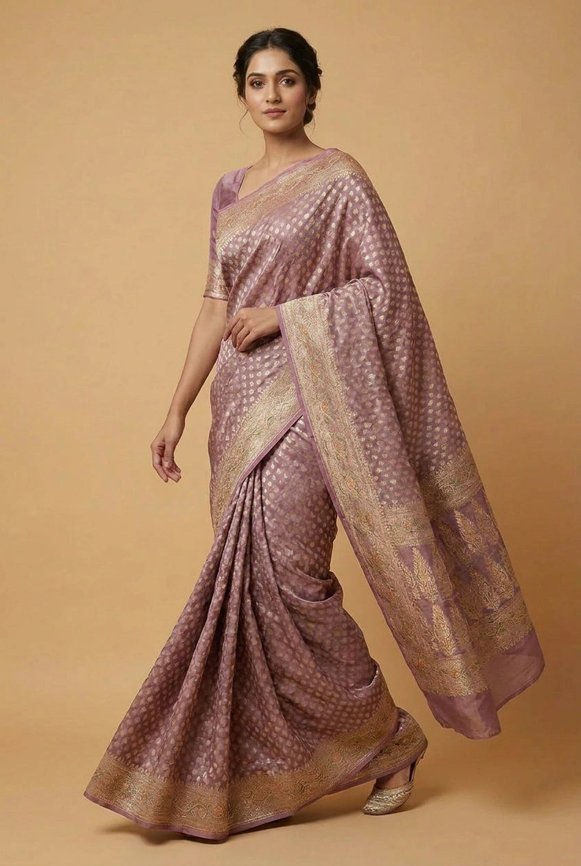 Woman wearing a traditional saree with a beige background
