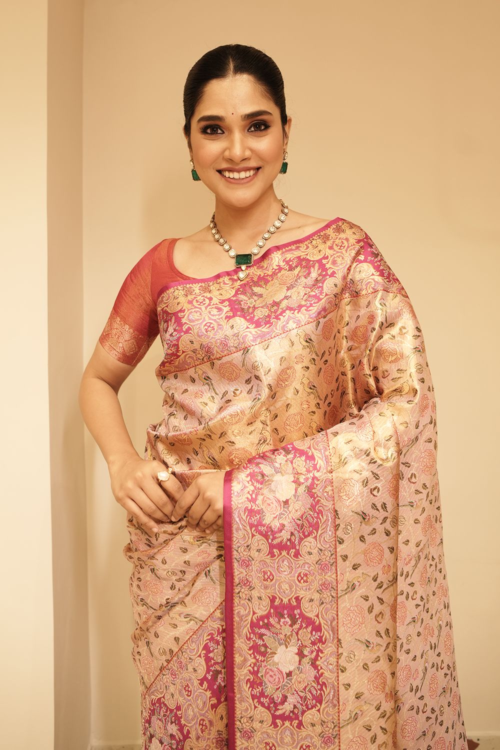 Mauve Body with Contrast Magenta Border Kanchipuram Tissue Saree