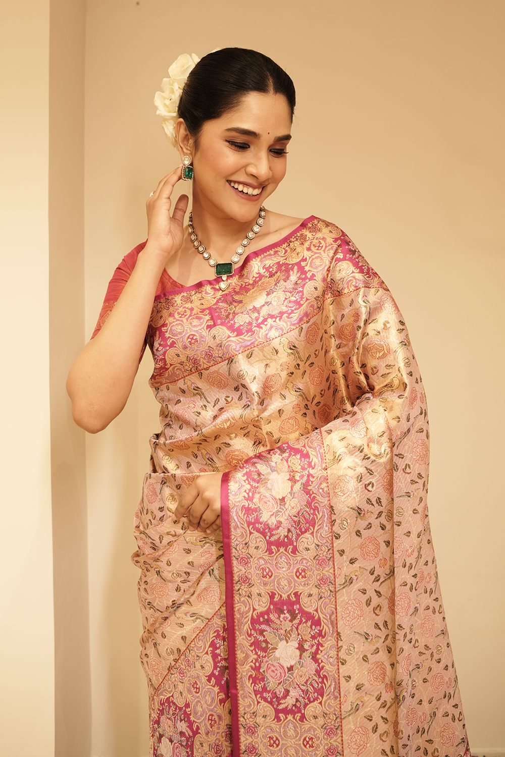 Mauve Body with Contrast Magenta Border Kanchipuram Tissue Saree