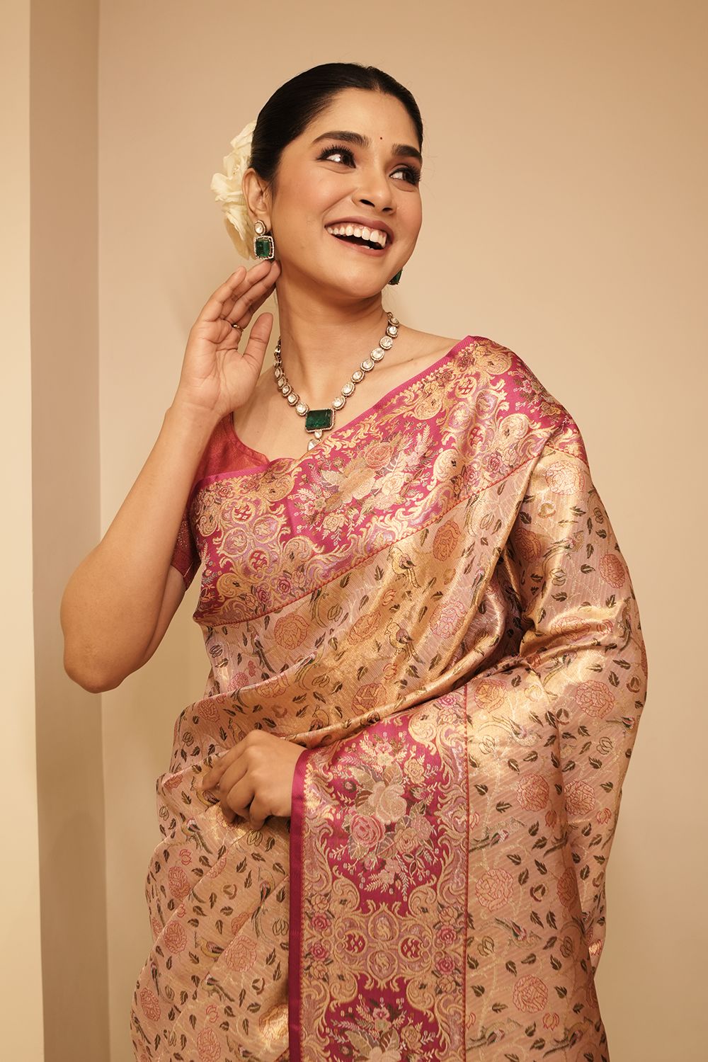 Mauve Body with Contrast Magenta Border Kanchipuram Tissue Saree