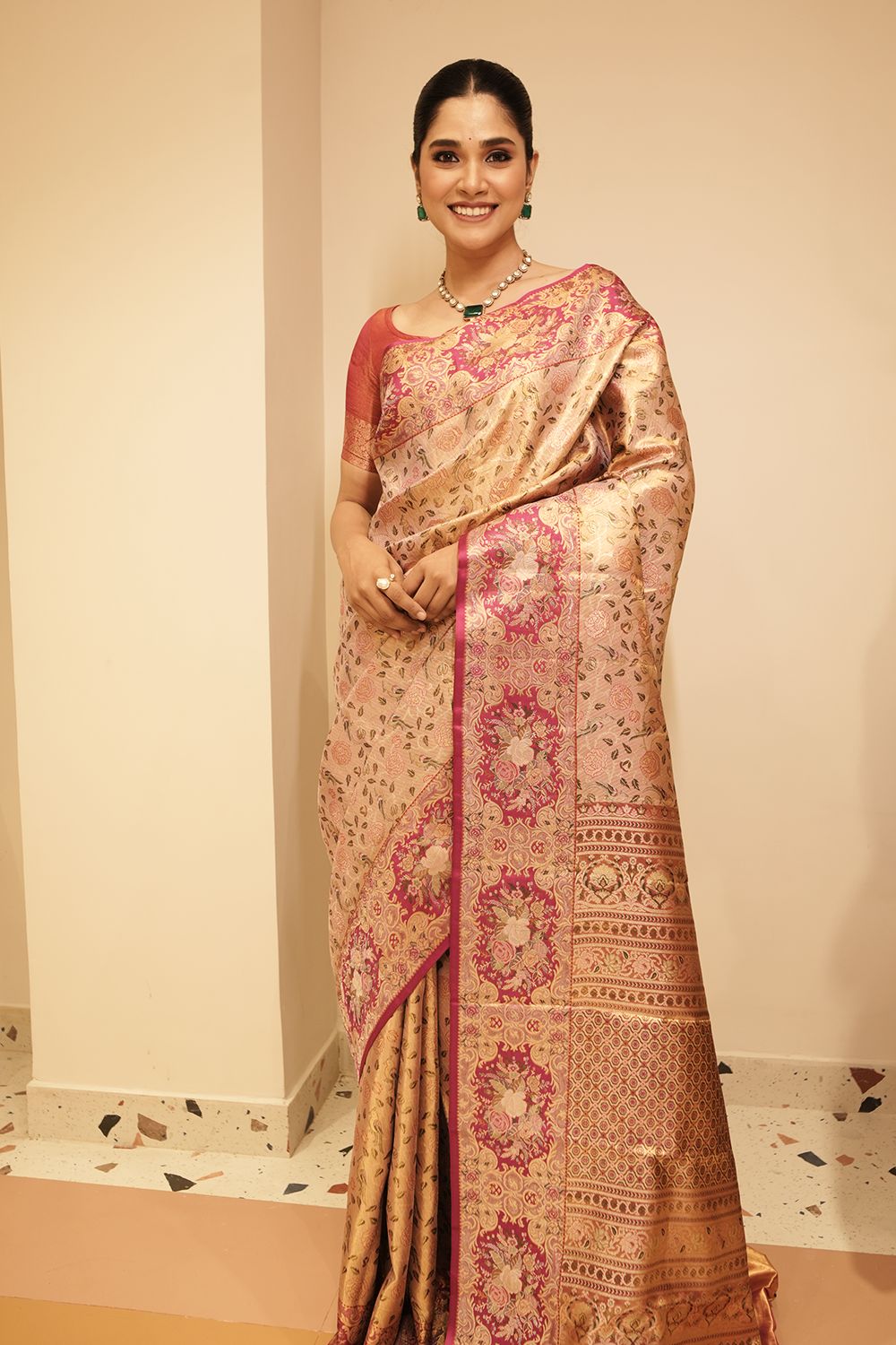 Mauve Body with Contrast Magenta Border Kanchipuram Tissue Saree