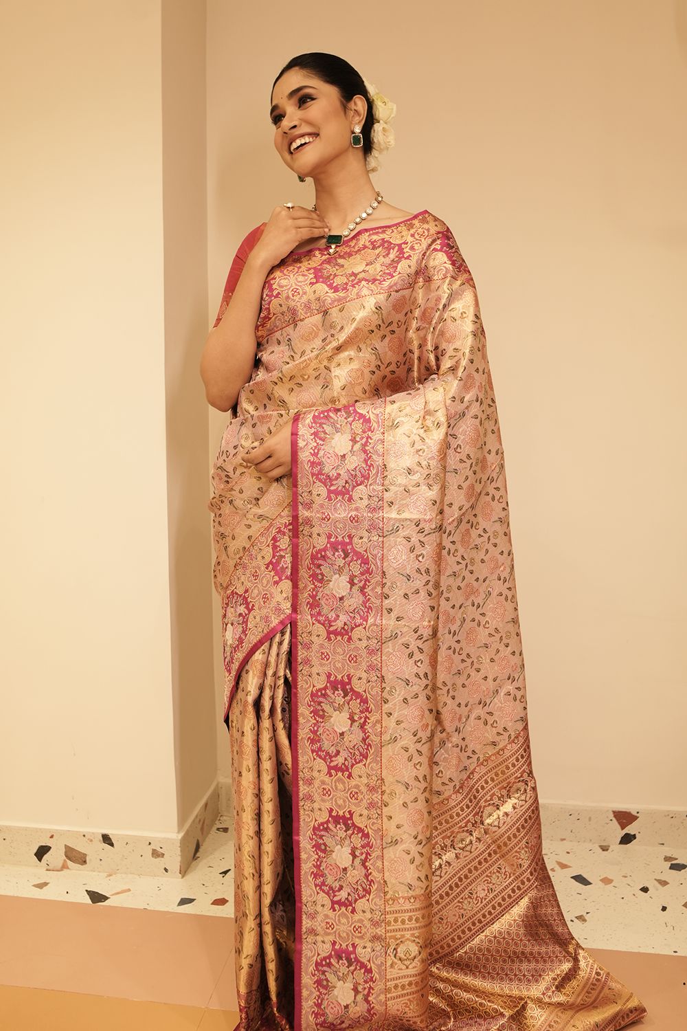 Mauve Body with Contrast Magenta Border Kanchipuram Tissue Saree