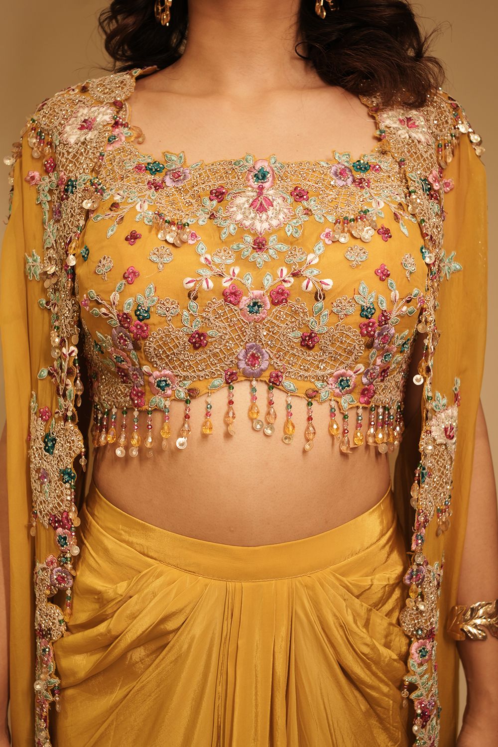 Lime Green Embroidered Organza Suit with Palazzo & Cape Jacket