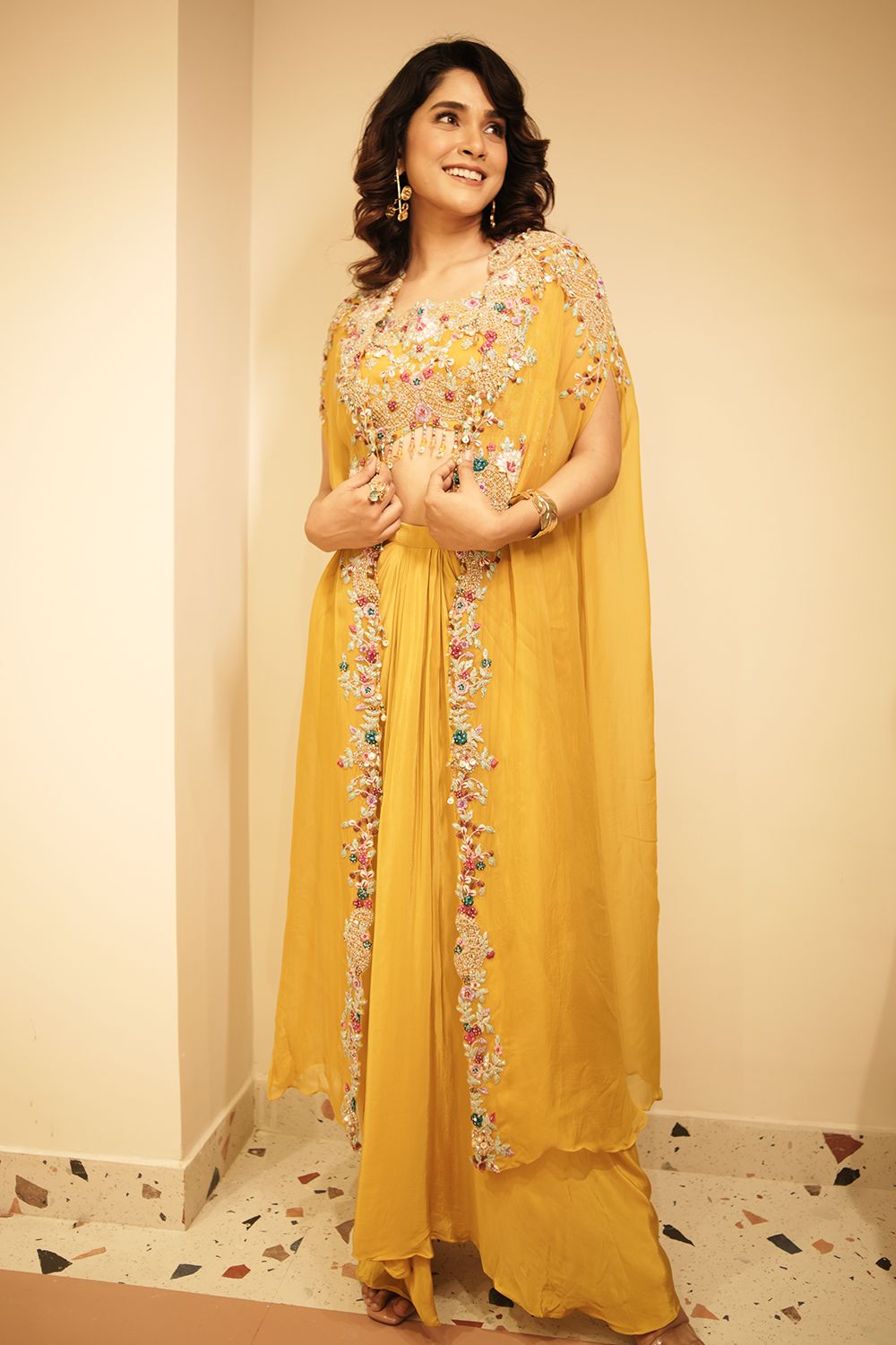 Lime Green Embroidered Organza Suit with Palazzo & Cape Jacket