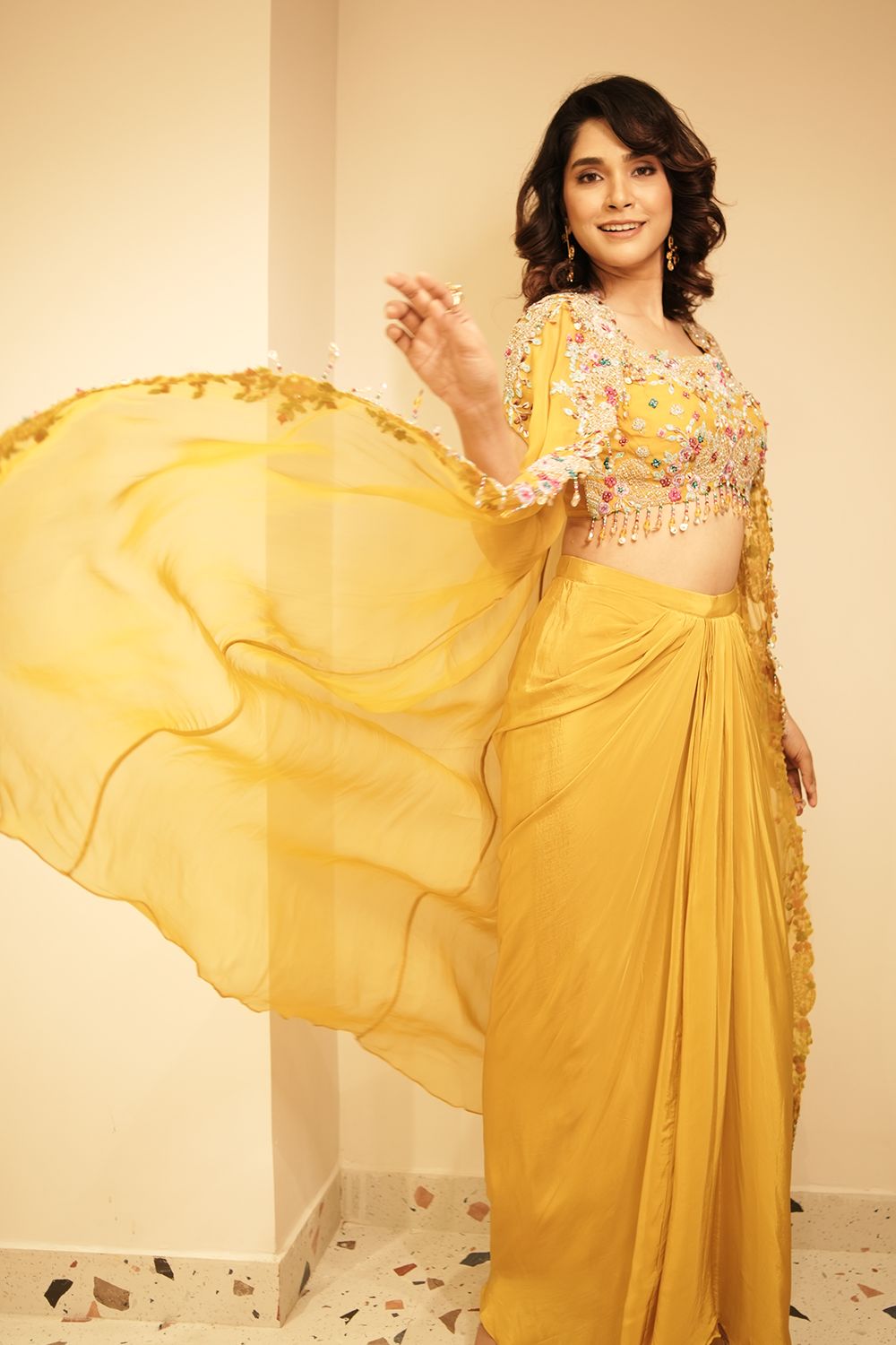 Lime Green Embroidered Organza Suit with Palazzo & Cape Jacket