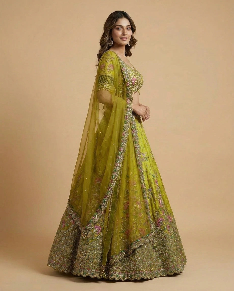 Lime Green Chinon Lehenga Set for Sangeet and Mehendi