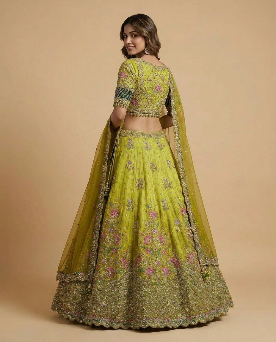 Lime Green Chinon Lehenga Set for Sangeet and Mehendi