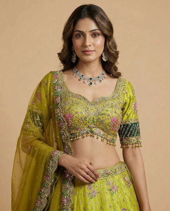 Lime Green Chinon Lehenga Set for Sangeet and Mehendi