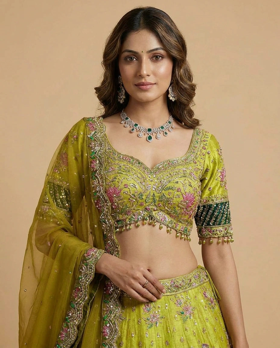 Lime Green Chinon Lehenga Set for Sangeet and Mehendi