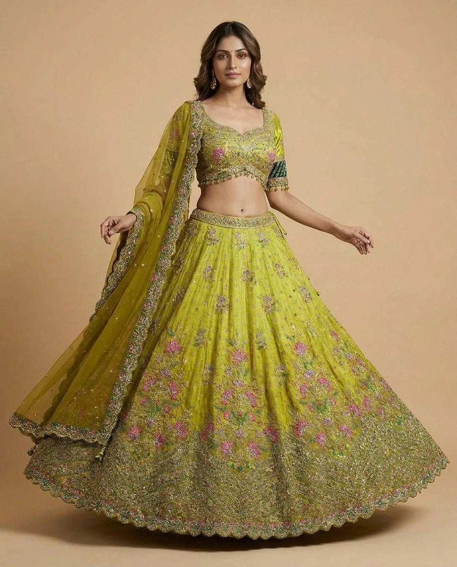 Lime Green Chinon Lehenga Set for Sangeet and Mehendi